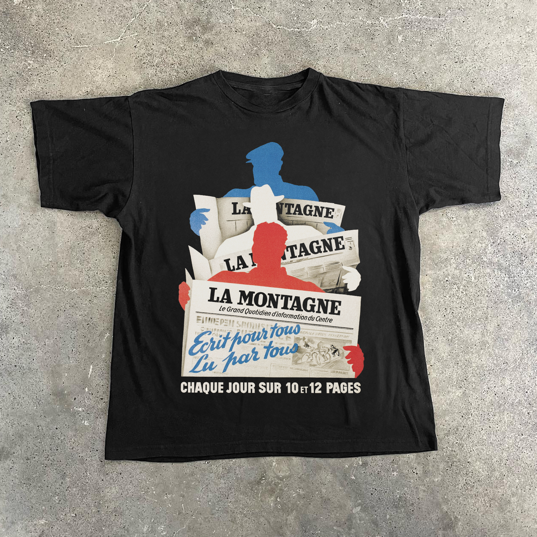 'LA MONTAGE' FRENCH NEWSPAPER WASHED BLACK TEE