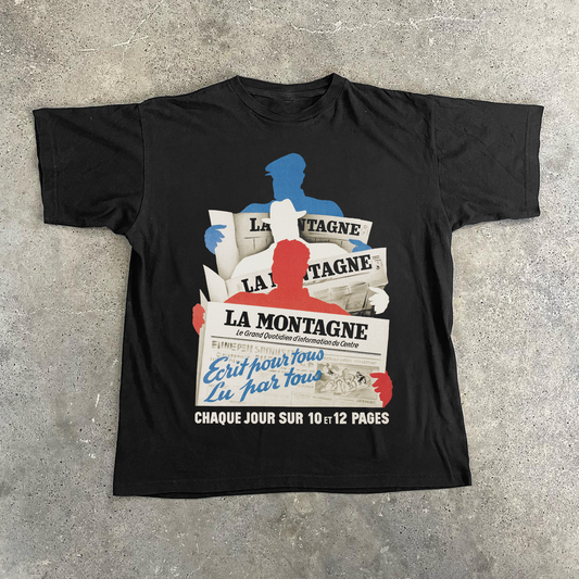 'LA MONTAGE' FRENCH NEWSPAPER WASHED BLACK TEE